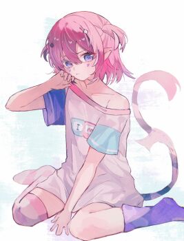 Rule 34 | 1girl, :t, asymmetrical legwear, black hair, bottomless, camila (vtuber), collarbone, colored eyelashes, diamond hair ornament, eyelashes, full body, hashtag-only commentary, highres, indie virtual youtuber, medium hair, mismatched eyelashes, mismatched legwear, multicolored hair, oversized clothes, oversized shirt, pink hair, pinkpink939, purple eyes, shirt, short sleeves, single bare shoulder, sitting, solo, streaked hair, tail, two side up, virtual youtuber, white hair, white shirt