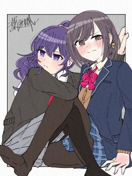 2girls @_@ absurdres asahina_mafuyu black_cardigan black_hair black_pantyhose blazer blue_jacket blue_skirt blush border bow bowtie brown_cardigan cardigan collared_shirt commentary ear_blush embarrassed grey_skirt hair_between_eyes half_updo haniwa_hayate hashtag-only_commentary highres jacket kamiyama_high_school_uniform_(project_sekai) long_hair long_sleeves miyamasuzaka_girls&#039;_academy_school_uniform multiple_girls no_shoes outside_border pantyhose plaid_clothes plaid_skirt pleated_skirt project_sekai purple_eyes purple_hair red_bow red_bowtie school_uniform shinonome_ena shirt short_hair signature skirt striped_bow striped_bowtie striped_clothes white_border white_shirt yuri