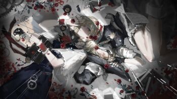 2girls absurdres alice_margatroid arm_up black_bow black_dress black_gloves black_hat blonde_hair blue_dress blue_eyes bow braid capelet commentary_request dress dutch_angle falling_flower falling_petals flower flower_in_mouth frilled_wrist_cuffs frills gears gloves hair_bow hair_over_one_eye hairband hand_on_another's_neck hat highres kirisame_marisa looking_at_viewer mouth_hold multiple_girls parted_lips partially_fingerless_gloves petals red_flower red_hairband red_petals red_rose red_wrist_cuffs rose rose_petals shanghai_doll short_hair sideways_glance single_braid smile string touhou upside-down witch_hat wrist_cuffs yautja yellow_eyes