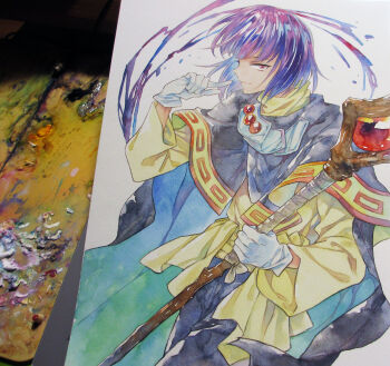 1boy agahari black_capelet black_hair black_pants blue_cape cape capelet closed_mouth commentary_request cowboy_shot finger_to_mouth gloves hand_up holding holding_staff looking_at_viewer male_focus painting_(medium) pants photo_(medium) purple_hair red_eyes shirt short_hair sideways_glance slayers smile solo staff standing traditional_media turtleneck turtleneck_shirt two-sided_cape two-sided_fabric white_gloves xelloss yellow_shirt