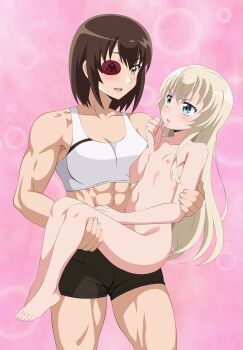 2girls absurdres age_difference barefoot bike_shorts blonde_hair blue_eyes blush breasts brown_hair carrying completely_nude flat_chest flower_eyepatch from_side full_body hair_between_eyes highres kamoi_tsubame kiniro_tofu loli long_hair looking_at_another medium_breasts multiple_girls muscular muscular_female nipples nude open_mouth princess_carry short_hair smile sports_bra takanashi_misha toes uchi_no_maid_ga_uzasugiru! white_sports_bra yuri
