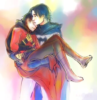 2boys bat_(symbol) batman batman_(series) black_hair blue_eyes boots brothers cape carrying dc_comics dick_grayson family gauntlets kaciart male_focus multiple_boys princess_carry red_robin siblings tim_drake worried