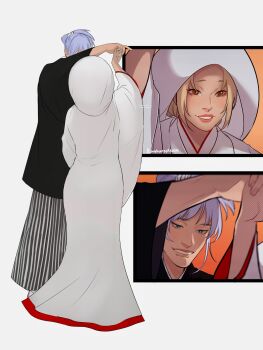Rule 34 | 1boy, 1girl, alternate universe, black haori, blonde hair, blue eyes, brown eyes, dancing, haori, height difference, hetero, highres, husband and wife, japanese clothes, kankuroplease, katou dan, kimono, lips, motion lines, naruto (series), parted lips, purple hair, shiromuku, signature, smile, tsunade (naruto), uchikake, wataboushi, wide sleeves