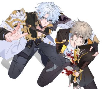 2boys adam&#039;s_apple armor black_choker black_gloves black_jacket black_pants bleeding blood blood_on_clothes blood_on_ground blue_eyes caelus_(honkai:_star_rail) chest_strap choker clenched_teeth closed_mouth clothes_grab coat commentary curtained_hair fingerless_gloves from_above glaring gloves grey_hair hair_between_eyes hand_on_another&#039;s_shoulder hand_on_own_stomach highres honkai:_star_rail honkai_(series) ichi_(010_ichi) injury jacket long_sleeves looking_at_viewer male_focus multiple_boys nervous_sweating open_clothes open_coat open_jacket pain pants parted_hair parted_lips pauldrons phainon_(honkai:_star_rail) pursed_lips shirt short_hair shoulder_armor simple_background single_vambrace squatting sweat teeth thigh_strap trailblazer_(honkai:_star_rail) uneven_eyes vambraces very_short_hair white_background white_coat white_hair white_shirt wince yellow_eyes