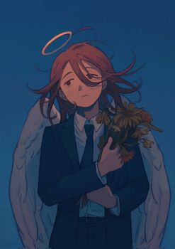 1boy angel_devil_(chainsaw_man) angel_wings black_jacket black_necktie black_pants blue_background blush chainsaw_man closed_mouth collared_shirt corrupted_twitter_file floating_hair flower formal_clothes halo hashtag-only_commentary highres holding holding_flower jacket long_hair looking_to_the_side male_focus necktie pants ppaipopi shirt shirt_tucked_in simple_background solo suit suit_jacket traditional_halo white_shirt white_wings wilted_flower wings