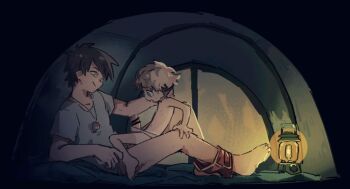 2boys age_difference bar_censor blonde_hair blue_eyes bottomless bulge camping censored dark erection erection_under_clothes from_side kenoru lamp lantern male_focus multiple_boys navel night nipples penis shota size_difference sweat sweatdrop tan tanline tent testicles underwear_around_leg yaoi yellow_eyes