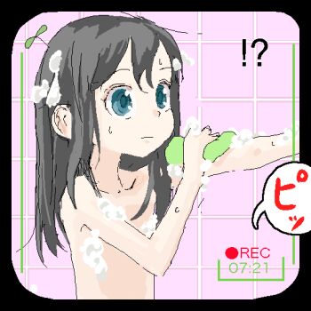 !? 1girl bathing blue_eyes closed_mouth flat_chest highres jaggy_lines kyo-yan loli long_hair oekaki original plant_on_head recording soap_bubbles solo sponge tile_wall tiles timestamp upper_body viewfinder voyeur_pov voyeurism wet