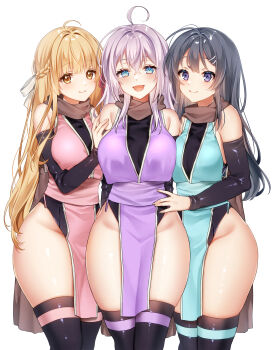 3girls ahoge alisa_mikhailovna_kujou alternate_costume aqua_eyes aqua_kimono black_arm_warmers black_hair black_leotard black_thighhighs blonde_hair blue_eyes blush braid breasts brown_scarf closed_mouth commentary commission crossover feet_out_of_frame grey_hair hair_between_eyes hair_ornament hair_ribbon hairclip half_up_braid highres japanese_clothes kanbesan160 kimono leotard leotard_under_clothes long_hair looking_at_viewer medium_breasts multiple_girls ninja obi open_mouth otonari_no_tenshi-sama_ni_itsu_no_mani_ka_dame_ningen_ni_sarete_ita_ken pelvic_curtain pink_kimono pixiv_commission purple_kimono ribbon sakurajima_mai sash scarf seishun_buta_yarou shiina_mahiru_(otonari_no_tenshi-sama) side-by-side simple_background smile standing thick_thighs thighhighs thighs tokidoki_bosotto_roshia-go_de_dereru_tonari_no_alya-san white_background white_ribbon yellow_eyes