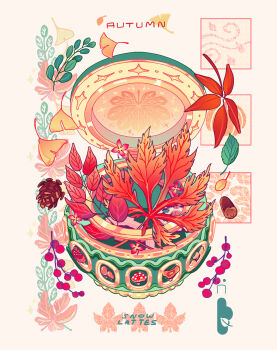 Rule 34 | absurdres, acorn, artist name, autumn, autumn leaves, berry, border, branch, commentary, english commentary, english text, fly agaric, gears, ginkgo leaf, halftone, highres, inset, leaf, leaf print, maple leaf, mushroom, music box, no humans, object focus, orange border, original, pinecone, plant, plant focus, pumpkin, signature, simple background, snowlattes, sparkle, warm colored, white background, wind