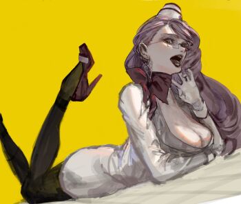 1girl black_pantyhose breasts cleavage earrings fate/grand_order fate_(series) from_side full_body garrison_cap gloves hat high_heels highres jewelry koyanskaya_(fate) koyanskaya_(foreigner)_(first_ascension)_(fate) large_breasts lipstick long_hair long_sleeves looking_at_viewer lying m_san0722 makeup neckerchief on_stomach open_mouth pantyhose pink_hair red_neckerchief shirt simple_background sketch skirt solo teeth white_gloves white_shirt white_skirt yellow_background yellow_eyes