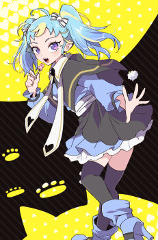 1girl :o absurdres ahoge black_capelet black_skirt black_thighhighs blue_boots blue_hair blue_shirt boots candy capelet fang food from_behind high_heel_boots high_heels highres holding holding_candy holding_food holding_lollipop layered_skirt leaning_forward lollipop long_hair long_sleeves looking_at_viewer looking_back multicolored_hair myamu nojima_minami open_mouth pretty_series purple_eyes shirt skirt solo standing streaked_hair thighhighs twintails waccha_primagi!