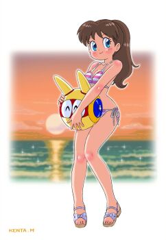 1girl ^_^ artist_name bikini blue_eyes breasts brown_hair carrying closed_eyes closed_mouth commentary_request full_body genji_tsuushin_agedama heike_ibuki horizon knees_together_feet_apart long_hair looking_at_viewer mizutani_kenta non-humanoid_robot ocean orange_sky pink_bikini ponytail robot sandals side-tie_bikini_bottom sky small_breasts smile standing striped_bikini striped_clothes sun sunset swimsuit warpro_(genji_tsuushin_agedama)