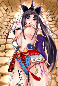 1girl armor asymmetrical_clothes asymmetrical_sleeves blue_eyes blue_panties blush body_writing breast_curtains breasts breasts_out clenched_teeth commentary_request condom condom_belt cum cum_in_pussy detached_sleeves fate/grand_order fate_(series) feather_hair_ornament feathers hair_ornament hat highres indoors japanese_armor kusazuri long_hair looking_at_viewer medium_breasts mismatched_sleeves moss navel nipples open_mouth panties parted_bangs purple_sleeves shoulder_armor side_ponytail single_pantsleg sode solo tally tally_counter tate_eboshi teeth tinp0ginginmaru trembling underwear used_condom ushiwakamaru_(fate) ushiwakamaru_(second_ascension)_(fate) very_long_hair white_sleeves