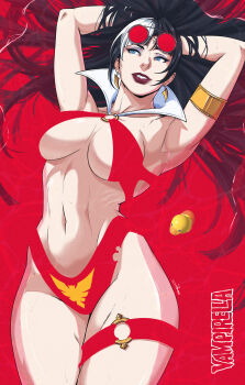 Rule 34 | 1girl, ambiguous red liquid, armlet, arms behind head, black hair, blue eyes, blunt bangs, breasts, character name, cleavage, commentary, copyright logo, earrings, eyeshadow, eyewear on head, floating hair, gold armlet, grin, highres, jewelry, jhony caballero, large breasts, logo, long hair, looking to the side, lying, makeup, midriff, multicolored hair, navel, o-ring, o-ring swimsuit, o-ring thigh strap, on back, opaque sunglasses, purple eyeshadow, red-tinted eyewear, red background, red lips, red slingshot swimsuit, rubber duck, sideboob, slingshot swimsuit, smile, solo, sunglasses, swimsuit, thigh strap, tinted eyewear, vampire, vampirella, vampirella (character), wet, white hair