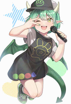 Rule 34 | 1girl, carbuncle (puyopuyo), commentary request, draco centauros, dragon tail, dragon wings, fang, green hair, green nails, green tail, green wings, hat, heart, highres, holding, holding microphone, madou monogatari, matsumoto-san, microphone, nail polish, one eye closed, open mouth, pointy ears, puyo (puyopuyo), puyopuyo, puyopuyo quest, shoes, short hair, sneakers, solo, spirited draco, star (symbol), star in mouth, tail, v, wings, yellow eyes