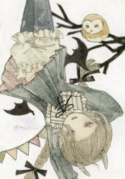 1girl acrylic_paint_(medium) bat_wings bird black_ribbon black_wings bloomers blue_dress bow bowtie braid branch commentary dress frills green_eyes hair_bow highres horns karintoun long_hair lying open_mouth original owl painting_(medium) pale_skin ribbon signature simple_background single_horn smile symbol-only_commentary traditional_media underwear watercolor_(medium) wings