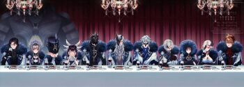 4girls 6+boys ahoge alcohol animal_ears arlecchino_(genshin_impact) arm_under_breasts armor ascot asymmetrical_bangs asymmetrical_sidelocks black_bodysuit black_collar black_feathers black_gloves black_hair black_hat black_helm black_mask black_sleeves blonde_hair blue_ascot blunt_bangs bodysuit bow bread_knife breasts butterfly_hair_ornament capitano_(genshin_impact) center-flap_bangs chandelier choppy_bangs cleavage closed_eyes closed_mouth coat collar colored_tips columbina_(genshin_impact) crossed_arms cup curtained_hair curtains detached_collar diffraction_spikes dining_room dottore_(genshin_impact) dress eating elbow_gloves eye_mask eyeliner eyepatch eyeshadow facial_hair facing_viewer fatui_coat fatui_logo feathered_wings feathers food fork frilled_sleeves frills fur_collar fur_hood genshin_impact glass glasses gloves goatee gold hair_intakes hair_ornament hair_ribbon half_mask hands_on_own_face hat hat_feather head_wings highres holding holding_cup holding_fork holding_knife hood hood_up japanese_armor jewelry knife kote kurokote lapels large_breasts long_sidelocks long_table looking_at_another looking_at_viewer looking_to_the_side makeup mask mask_on_head mitsudomoe_(shape) multicolored_hair multiple_boys multiple_girls mustache neck_ring open_clothes open_coat open_mouth orange_hair pantalone_(genshin_impact) parted_bangs pierro_(genshin_impact) plate pointy_ears pointy_nose pulcinella_(genshin_impact) purple_eyes red_eyeliner red_eyeshadow red_lips red_mask red_scarf ribbon robot roge_gnsn sandrone_(genshin_impact) scaramouche_(genshin_impact) scarf short_hair_with_long_locks sidelocks signora_(genshin_impact) sitting smile spoon table tablecloth tartaglia_(genshin_impact) teeth tomoe_(symbol) top_hat tress_ribbon tsurime unamused upper_teeth_only watermark watermark_grid white_bow white_coat white_dress white_hair white_mask white_ribbon white_sleeves white_wings wine wings wrist_bow x-shaped_eyewear