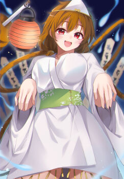 Rule 34 | 1girl, \||/, alternate costume, blush, bo staff, breasts, brown hair, commentary request, ghost costume, ghost pose, highres, hitodama, holding, holding with tail, japanese clothes, kimono, lantern, large breasts, long hair, long sleeves, looking at viewer, low twintails, meimei (meimei89008309), monkey girl, monkey tail, open mouth, paper lantern, prehensile tail, red eyes, ruyi jingu bang, shiroshouzoku, smile, solo, son biten, tail, touhou, triangular headpiece, twintails, white kimono, wide sleeves