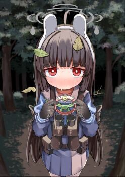 1girl absurdres ahoge bell binoculars black_gloves black_hair blue_archive blue_shirt blue_skirt blush closed_mouth collar commentary_request forest gloves green_neckerchief halo headgear highres holding holding_collar jingle_bell leaf leaf_on_head long_hair long_sleeves miyu_(blue_archive) mugichoko_(mugi_no_choko) nature neckerchief night outdoors pantyhose pink_collar pleated_skirt puffy_long_sleeves puffy_sleeves red_eyes sailor_collar shirt skirt solo sweat unworn_collar very_long_hair white_pantyhose white_sailor_collar