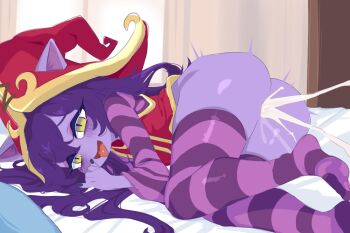 1girl after_vaginal aftersex animal_ears ass bed bedroom blush bottomless clothes_lift colored_skin cum cum_in_pussy cum_overflow dress dress_lift empty_eyes female_focus fingernails from_behind from_side full_body hat implied_hetero indoors kukuchi581 league_of_legends loli long_hair long_sleeves looking_afar lulu_(league_of_legends) lying nail_polish on_bed on_side open_mouth purple_hair purple_nails purple_shirt purple_skin purple_thighhighs pussy red_dress red_hat shirt shirt_under_dress skindentation sleeveless sleeveless_dress slit_pupils smile solo straight_hair striped_clothes striped_shirt striped_thighhighs thighhighs tongue tongue_out two-tone_dress two-tone_hat variant_set yellow_dress yellow_eyes yellow_hat yordle