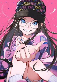 1girl baseball_cap black_hair blue_eyes commentary_request denim denim_shorts goma_(gogo_gowa) grin hat highres idolmaster idolmaster_shiny_colors jacket long_hair mitsumine_yuika pink_background pointing pointing_at_viewer print_headwear round_eyewear shorts smile socks solo torn_clothes torn_shorts white_socks