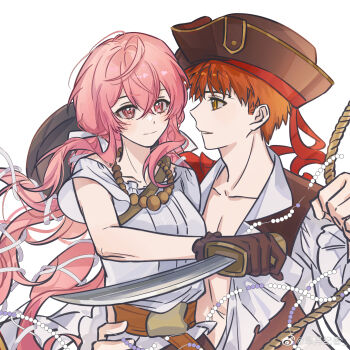 1boy 1girl antique_firearm ascot blush bow breasts cleavage couple cutlass dress emiya_shirou fate/stay_night fate_(series) firearm firelock flintlock gun hair_ornament hat highres hook_hand jolly_roger leather_belt long_hair momomiya_shizuku_(gaoyue_jixiang) multicolored_hair non-web_source oc_x_canon orange_hair original pink_eyes pink_hair pirate_costume pirate_costume pirate_hat red_ascot red_hair see-through_cleavage see-through_clothes simple_background skull_and_crossbones skull_and_crossed_swords sleeveless sleeveless_jacket smile weapon