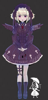 Rule 34 | 1boy, barasuishou, black dress, black lips, blonde hair, boots, chibi, dress, fake wings, frilled dress, frills, gothic lolita, green hair, highres, kisekisaki, lace-up boots, lio fotia, lipstick, lock, lolita fashion, makeup, male focus, platform boots, platform footwear, pocketbook, promare, purple eyes, rozen maiden, solo, suigintou, trap, wings