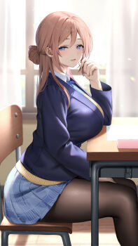 1girl absurdres backlighting blazer blue_eyes blue_jacket blue_skirt blush breast_rest breasts brown_hair brown_pantyhose chair classroom commentary_request desk feet_out_of_frame fine_fabric_emphasis gakuen_idolmaster hair_bun hatsuboshi_gakuen_school_uniform hibimaru highres himesaki_rinami idolmaster indoors jacket large_breasts long_hair long_sleeves looking_at_viewer pantyhose pleated_skirt school_chair school_desk school_uniform sitting skirt smile solo sweater yellow_sweater