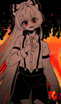 1girl absurdres bow collared_shirt commentary_request fire fujiwara_no_mokou hair_bow highres long_hair long_sleeves looking_at_viewer open_mouth pants pyrokinesis red_eyes shirt smile solo suspenders tamiko_(tamik0224) touhou very_long_hair