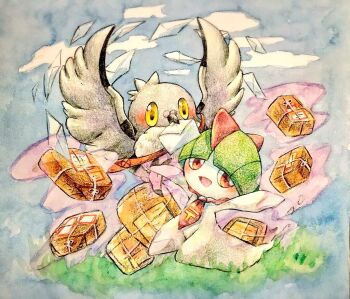 Rule 34 | colored pencil (medium), envelope, gen 3 pokemon, gen 5 pokemon, holding, holding envelope, mail, mailbag, mailman, necktie, nintendo, non (kumakawayusu), open mouth, outstretched arms, package, painting (medium), pidove, pokemon, pokemon (creature), ralts, red eyes, red necktie, spread arms, traditional media, watercolor (medium), yellow eyes