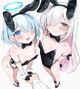 2girls animal_ears arona_(blue_archive) black_leotard blue_archive blue_eyes blue_hair blush bow bowtie breasts colored_inner_hair esearu fake_animal_ears hair_over_one_eye halo highres holding_hands leotard loli long_hair looking_at_viewer multicolored_hair multiple_girls n pink_hair plana_(blue_archive) playboy_bunny rabbit_ears rabbit_tail short_hair simple_background small_breasts smile strapless strapless_leotard tail white_background