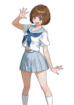1girl blue_neckerchief blue_sailor_collar blue_skirt blunt_bangs bob_cut brown_eyes brown_hair collarbone commentary feet_out_of_frame h4sh1rnoto hand_up high-waist_skirt highres kill_la_kill legs_apart looking_at_viewer mankanshoku_mako midriff_peek neckerchief open_hand open_mouth pleated_skirt sailor_collar school_uniform serafuku shirt short_hair short_sleeves skirt socks solo spread_fingers standing teeth upper_teeth_only white_background white_shirt white_socks