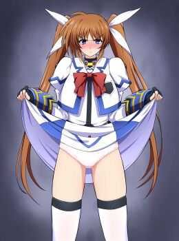 Rule 34 | 1girl, absurdres, black gloves, blue eyes, blush, bow, bowtie, brown hair, cameltoe, closed mouth, clothes lift, fingerless gloves, gloves, gluteal fold, hair ribbon, highres, lifting own clothes, long hair, looking at viewer, lyrical nanoha, magical girl, mahou shoujo lyrical nanoha strikers, oshimaru026, panties, pink panties, red bow, red bowtie, ribbon, simple background, skirt, skirt lift, solo, takamachi nanoha, tears, thighhighs, twintails, underwear, unhappy, white thighhighs