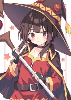 1girl absurdres bandages belt black_cape black_hair blush breasts brown_hair cape chinese_commentary closed_mouth commentary_request dress fingerless_gloves flat_chest gloves hat highres kono_subarashii_sekai_ni_shukufuku_wo! looking_at_viewer megumin red_dress red_eyes setteiset short_hair smile solo star_(symbol) wand witch_hat