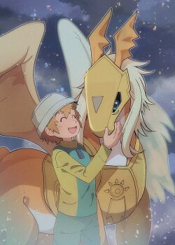 1boy armor blue_eyes closed_eyes cowboy_shot digimon digimon_(creature) digimon_adventure_02 feathered_wings gold_armor gold_helmet green_shirt hat head_wings highres kyuu_may_9 multiple_wings pegasmon pegasus shirt takaishi_takeru two-tone_shirt white_hat wings yellow_shirt yellow_wings