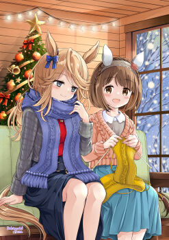 Rule 34 | 2girls, absurdres, alternate costume, animal ears, artist name, blue eyes, blunt bangs, blush, breasts, brown eyes, brown hair, casual, christmas, christmas tree, closed mouth, commentary request, couch, gold city (casual) (umamusume), gold city (umamusume), highres, horse ears, horse girl, horse tail, jacket, long hair, medium breasts, medium hair, multiple girls, open mouth, sakaguchi mikan, scarf, sitting, snow, solo, tail, umamusume, window, yukino bijin (casual) (umamusume), yukino bijin (umamusume)