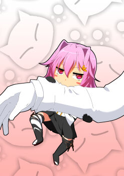 Rule 34 | 1girl, 1other, absurdres, admiral (kancolle), biting, black gloves, black shirt, cat background, commentary request, feral instincts, gloves, hair intakes, highres, kantai collection, mei (heavensstyle), mini person, minigirl, mismatched thighhighs, pink hair, red eyes, shirt, short hair, tama (kancolle), tama kai ni (kancolle)