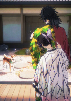 1boy 1girl absurdres black_hair black_jacket butterfly_hair_ornament demon_slayer_uniform dog from_behind hair_ornament haori high_collar highres jacket japanese_clothes kikkoumon kimetsu_no_yaiba kochou_shinobu long_hair low_ponytail male_focus niku_(ni23ku) ponytail print_haori red_haori sparkle spiked_hair tomioka_giyuu upper_body white_haori