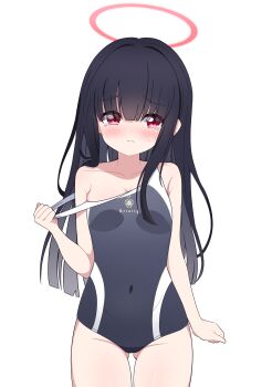 1girl absurdres black_hair black_one-piece_swimsuit blue_archive blunt_bangs blush breasts cleavage clothes_pull commentary_request competition_school_swimsuit covered_navel gluteal_fold halo highres justice_task_force_member_(blue_archive) korean_commentary loli long_hair off_shoulder one-piece_swimsuit one-piece_swimsuit_pull poorunii red_eyes red_halo school_swimsuit simple_background small_breasts solo sweatdrop swimsuit tears thigh_gap thighs trinity_general_school_swimsuit very_long_hair white_background