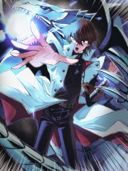 Rule 34 | 1boy, attack, black eyes, black pants, black shirt, blue-eyes white dragon, blue eyes, brown hair, coat, colored skin, dragon, fk 0046, highres, jewelry, kaiba seto, lightning, male focus, medium hair, open mouth, outstretched arm, pants, pendant, powering up, sharp teeth, shirt, teeth, white coat, white skin, yu-gi-oh!, yu-gi-oh! duel monsters