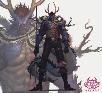 1boy acrylic_paint_(medium) alternate_universe armlet artist_logo black_boots black_gloves black_pants black_scarf blue_scales boots charlotte_katakuri dragon_boy dragon_horns dragon_tail fangs full_body gloves glowing glowing_eyes highres holding holding_polearm holding_weapon horns jewelry knee_boots knee_spikes logo looking_at_viewer male_focus muscular muscular_male one_piece painting_(medium) pants pink_hair polearm scarf sharp_teeth short_hair spiked_anklet spiked_armlet stomach_tattoo tail tattoo teeth topless_male traditional_media trident wafalo weapon zoom_layer