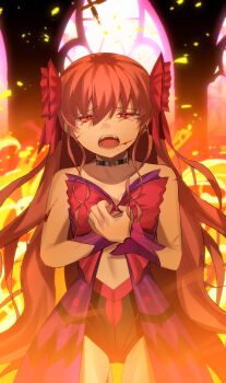 Rule 34 | 1girl, battle damage, blood, bow, choker, church, crying, dead apostle noel (tsukihime), dress, facing viewer, fangs, fire, hands on own chest, highres, indoors, leotard, long hair, musi 2nd, noel (tsukihime), pink bow, purple dress, red eyes, sad, sidelocks, thighhighs, tsukihime, tsukihime (remake), two side up, wavy hair
