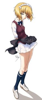 1girl absurdres blonde_hair blue_bow blue_bowtie blush bow bowtie breasts closed_mouth commentary_request cutlass_(girls_und_panzer) erakin full_body girls_und_panzer highres looking_at_viewer maid_headdress miniskirt short_hair simple_background skirt small_breasts solo waitress white_background yellow_eyes