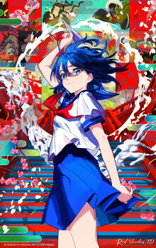 1girl 3d absurdres arm_up artist_name blue_eyes blue_hair blue_sailor_collar blue_serafuku blue_skirt cel_shading closed_mouth colored_eyelashes commentary cowboy_shot derivative_work english_commentary floating_clothes floating_hair floating_neckwear from_side highres holding holding_paper_airplane looking_at_viewer midriff_peek mika_pikazo neckerchief original paper_airplane pleated_skirt red_neckerchief redshadestd sailor_collar school_uniform serafuku short_hair short_sleeves skirt smile solo stairs wind wind_lift