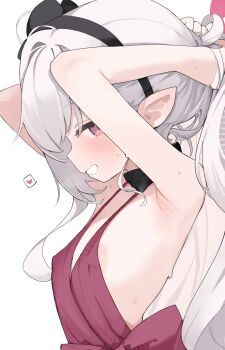 1girl absurdres areola_slip armpits blue_archive blush breasts dress halo heart highres loli long_hair looking_at_viewer mikozin mutsuki_(blue_archive) mutsuki_(dress)_(blue_archive) official_alternate_costume pointy_ears red_dress simple_background small_breasts smile solo spoken_heart upper_body white_background