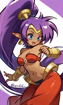Rule 34 | 1girl, bandeau, blue eyes, bracer, breasts, choker, circlet, cleavage, commentary, dark-skinned female, dark skin, earrings, gold bracer, harem pants, highres, hoop earrings, ierdid, jewelry, long hair, medium breasts, navel, o-ring, o-ring top, open mouth, pants, pointy ears, ponytail, purple hair, red bandeau, red pants, shantae, shantae (series), solo, very long hair
