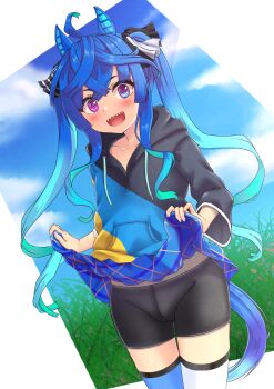 1girl @_@ absurdres ahoge animal_ears aqua_hair arms_behind_back asymmetrical_legwear bike_shorts bike_shorts_under_skirt blue_eyes blue_hair blue_skirt blue_sky blue_thighhighs blush bow cameltoe casual clothes_lift cloud commentary_request cowboy_shot crossed_bangs day drawstring grass hair_bow heterochromia highres hood hoodie horse_ears horse_girl horse_tail lifting_own_clothes long_hair looking_at_viewer miniskirt mismatched_legwear multicolored_hair multicolored_hoodie official_alternate_costume open_mouth outside_border purple_eyes sharp_teeth sidelocks skirt skirt_lift sky smile solo standing striped_bow tail teeth textless_version thighhighs three-quarter_sleeves twin_turbo_(casual)_(umamusume) twin_turbo_(umamusume) twintails two-tone_hair umamusume umatoriinnnu upper_teeth_only very_long_hair white_thighhighs