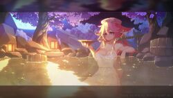 1girl absurdres aduare animal_ears animated bathing blinking breasts cherry_blossoms cup drinking earrings floppy_ears fox_ears full_moon genshin_impact hair_between_eyes highres holding holding_cup jewelry lantern large_breasts long_hair moon naked_towel night outdoors partially_submerged pink_hair pixel_art purple_eyes sakazuki sitting sky solo tagme towel tree video yae_miko