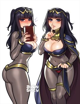 1girl artist_name ass black_bridal_gauntlets black_cape black_hair black_nails blunt_bangs blush blushyspicy bodystocking book breasts bridal_gauntlets brown_cape cape cleavage clothes_lift commentary covered_navel embarrassed finger_to_mouth fire_emblem fire_emblem_awakening from_side hair_ornament hand_up hands_up highres holding holding_book large_breasts lifting_own_clothes lips long_hair motion_lines multiple_views nail_polish narrow_waist nervous_smile nintendo panties pelvic_curtain pelvic_curtain_lift red_panties see-through_bridal_gauntlets shoulder_pads shushing simple_background smile tharja_(fire_emblem) thighs two-sided_cape two-sided_fabric two_side_up underwear wavy_mouth white_background