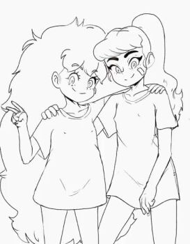 2girls animated arevix123 bandaid clothes_lift english_text flashing loli looking_at_viewer monochrome multiple_girls nude original pussy shirt shirt_lift smile standing tagme video yuri